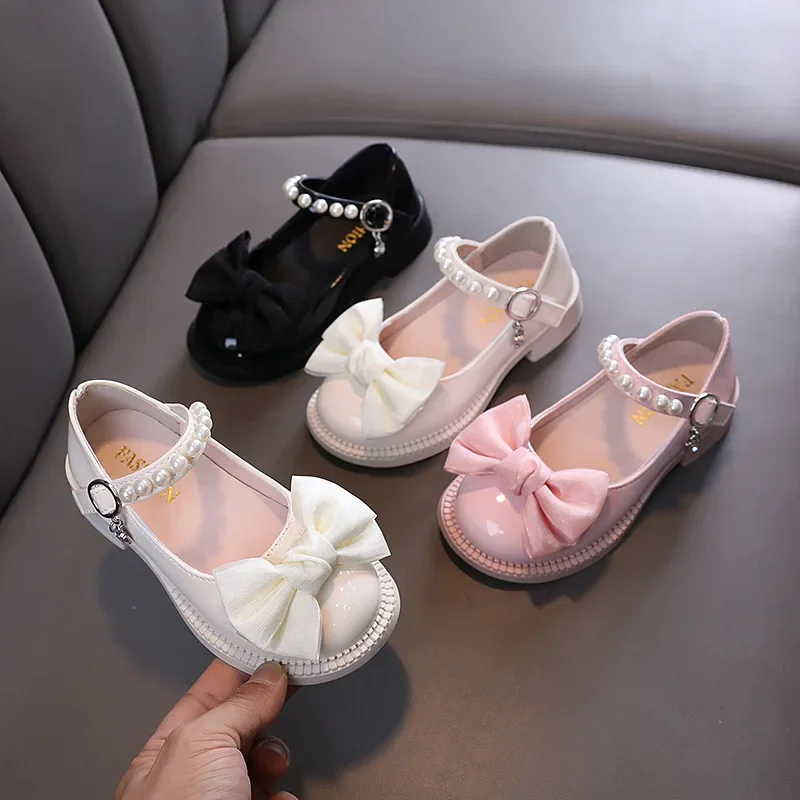 New Children\'s Leather Shoes Fashion Girls Party Shoes Sweet Bowtie Kids Princess Causal Pearl Ballet Performance Dress Shoes