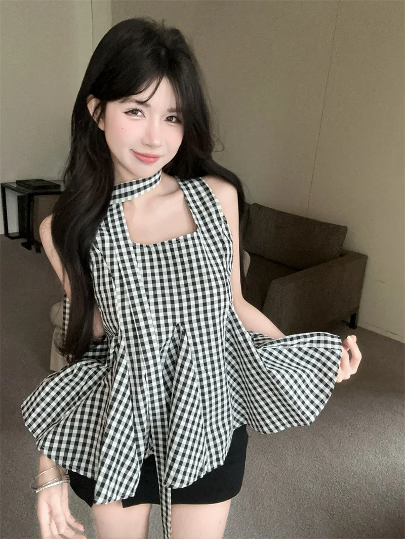 

Retro Black White Plaid Neck Hanging Sash Vest Women's Summer Design Sensation Lace Trim Sleeveless Small Shirt Top