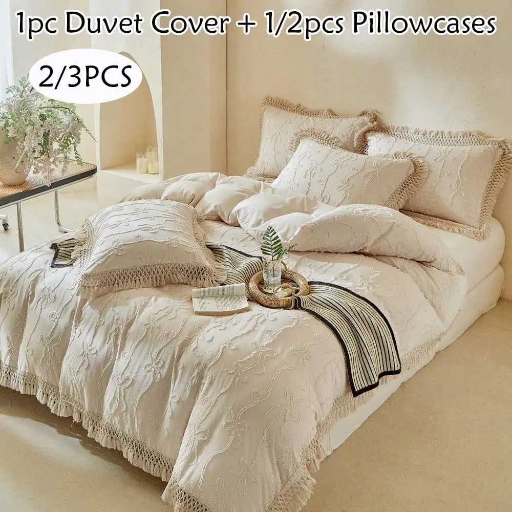 

3pcs Bohemian Style Khaki Bowknot Tufted Jacquard Duvet Cover Set With Tassel, Vintage Embroidered Bedding, Soft Breathable, Ma