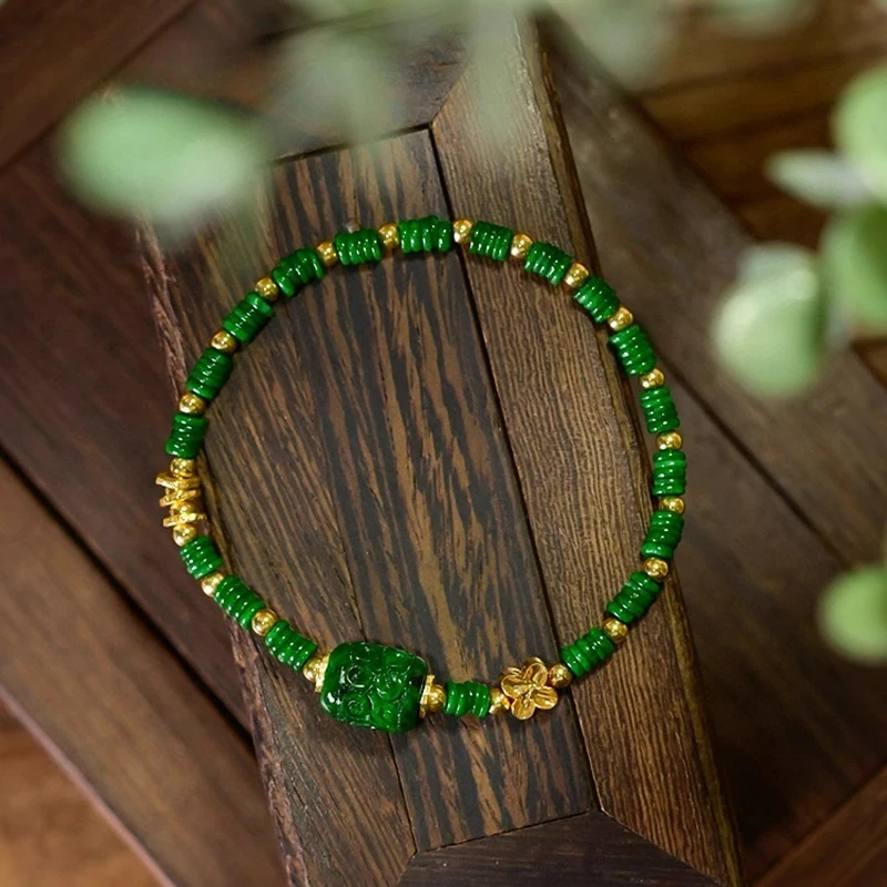

18K Gold Natural Grade A Jadeite Bracelet, Floral Carved Auspicious Cloud Beads, Luxury Chinese Collectible Jewelry