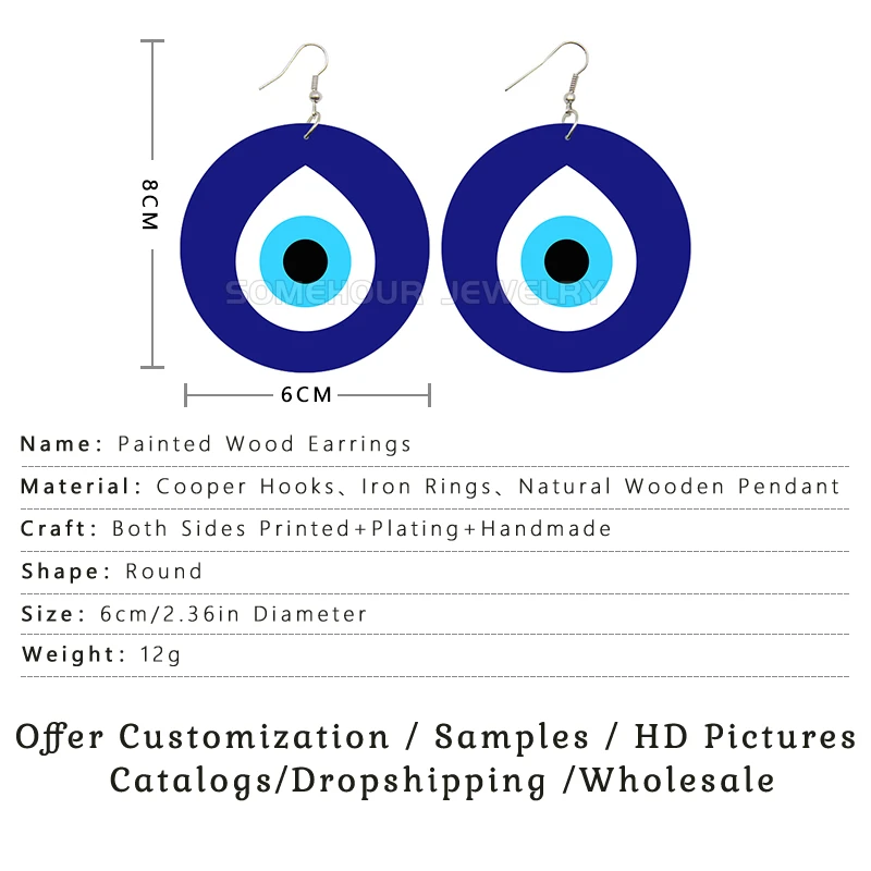 SOMEHOUR Turkish Amulet Against Blue Evil Eyes Printed Wooden Drop Earrings Comics Style Mandala Loops Pendant For Women Gifts