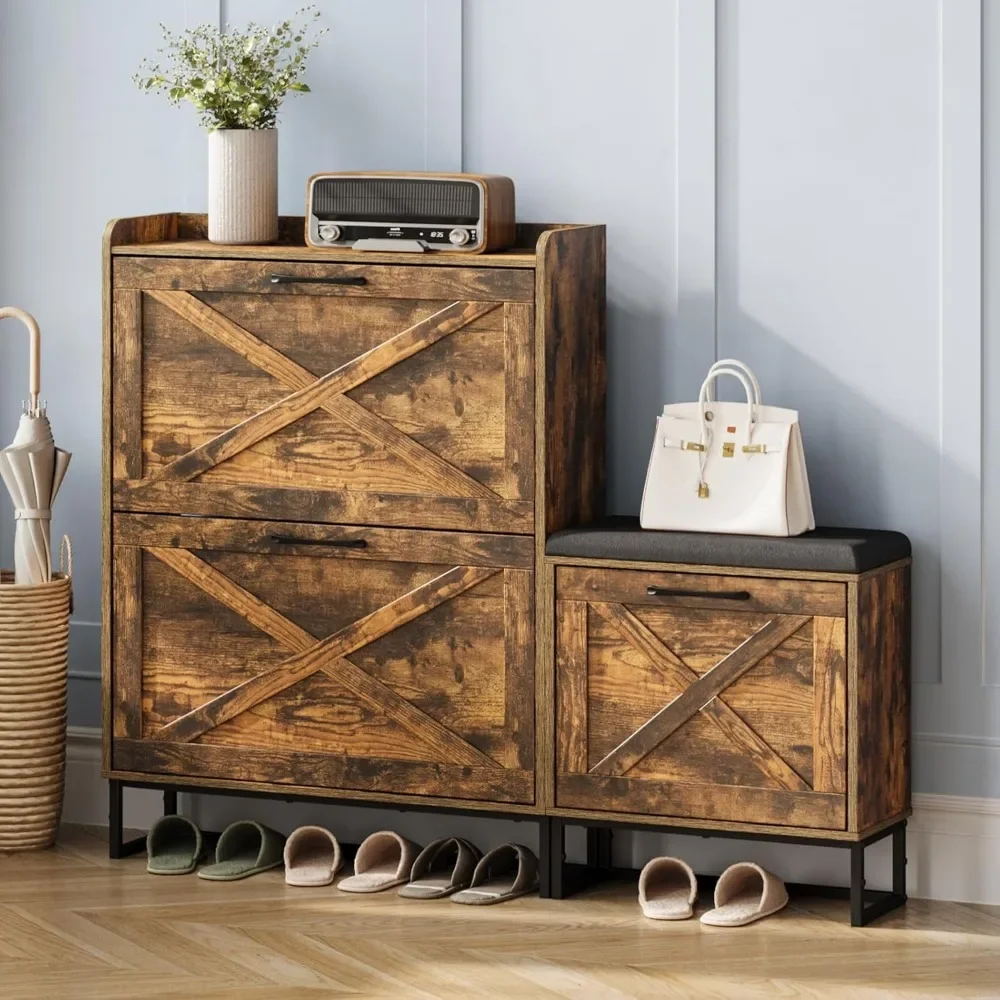 خزانة أحذية ريفية للمزرعة مع مقعد وأدراج تخزين ومقعد مبطن للمدخل