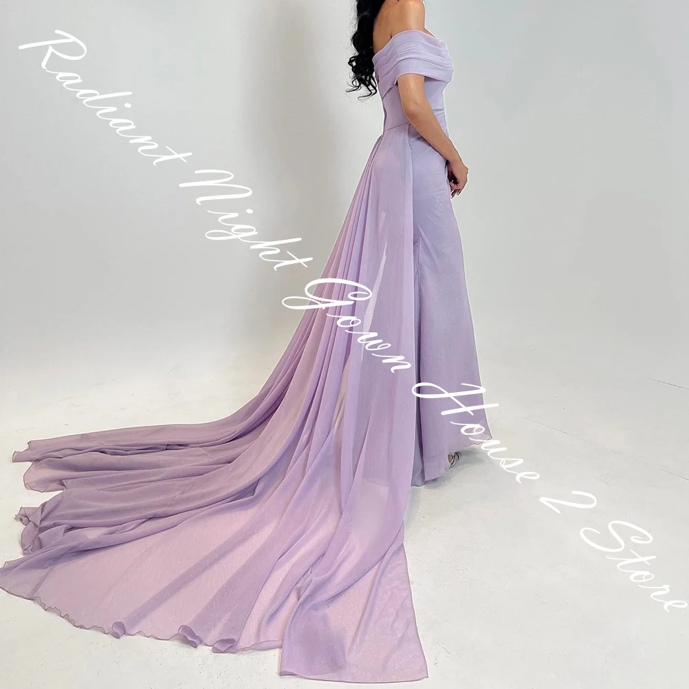 Customized  Chiffon Straight Off the Shoulder Evening Dress Strapless Short Sleeves Floor Length Panel Train Solid Colo