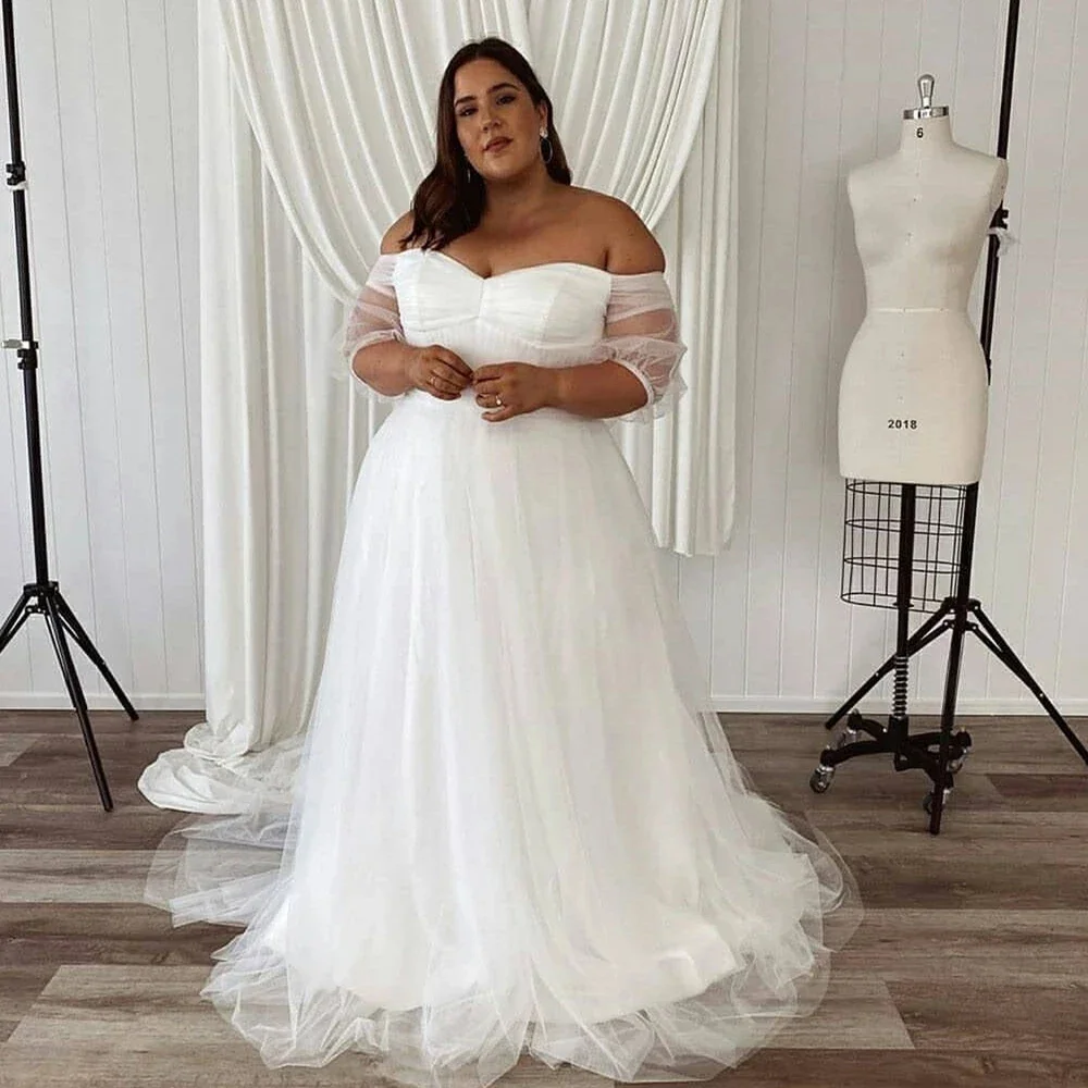 

Charming Plus Size Wedding Dresses Customized Tulle Pleat Sweetheart Off-Shoulder Zipper Ball Bridal Gowns Wedding Party Dress