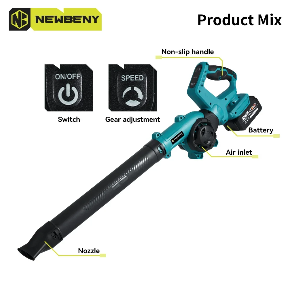 NEWBENY Soplador eléctrico inalámbrico 270 ° Ajuste de rotación, herramientas de limpieza de nieve para polvo de vacío de hojas de 3 engranajes