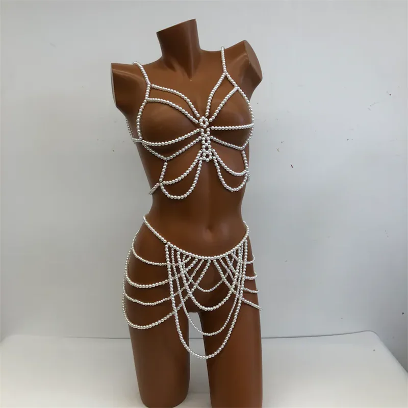 Damen Perlen-Körperkette 2-teiliges Set Schmuck Sexy Nachtclub Party Zweiteiliges Set Rave-Körperaccessoires für Damen Zweiteiliges Outfit – Detail 3