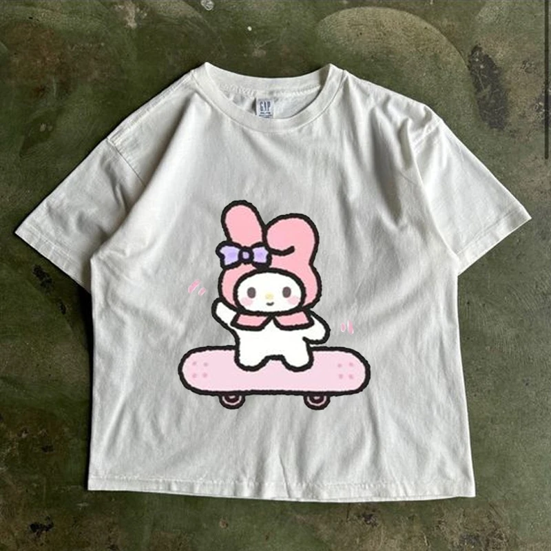 New Summer Sanrio My Melody Girls T-shirt Cartoon Anime Printed Korean Style Fashion Casual T-shirt Tops