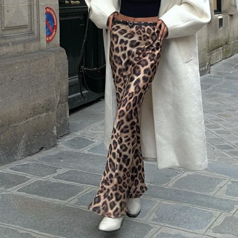 2026 Women Elegant Leopard Print Skirt Fashion High Waist Satin Midi Skirts Elegant Female Summer Casual Streetwear Skirt