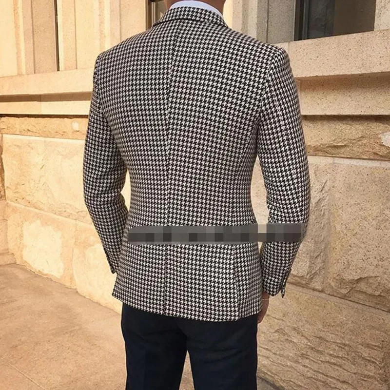 Plaid Casual Blazer for Men One Piece Houndstooth Suit Jacket with 2 Side Slit Slim Fit Male Coat Fashion Clothes New Arrival