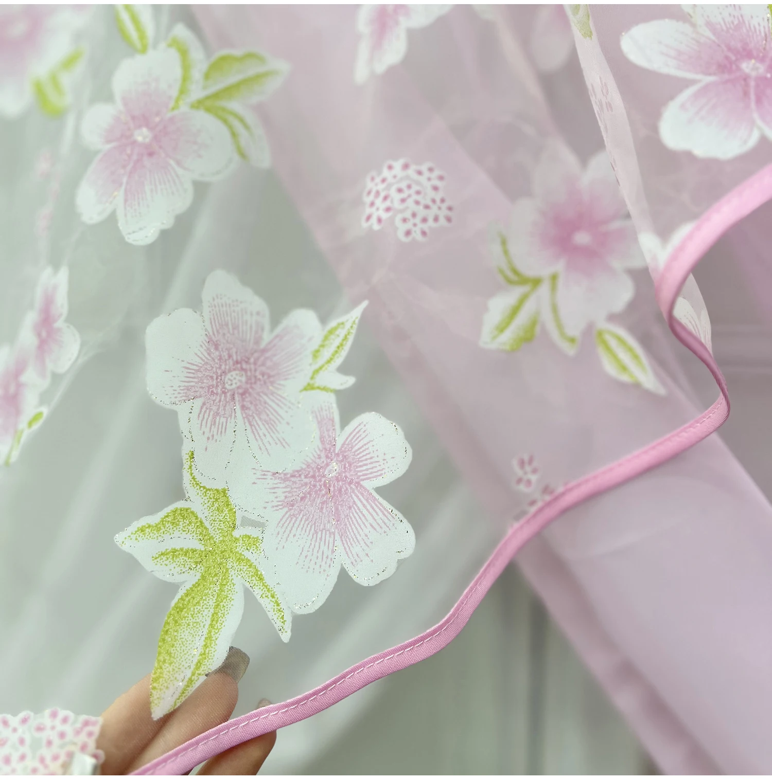 Design Translucent Curtains Peach Blossom Print Triangle Short Curtains for Living Room Doorway Curtains