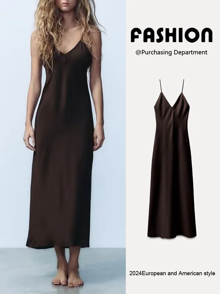 فستان نسائي جديد من الحرير الساتان الأنيق والجذاب بدون أكمام وبدون أكتاف، بتصميم V-ne وتنورة متوسطة الطول، مناسب للتنقلات ا...