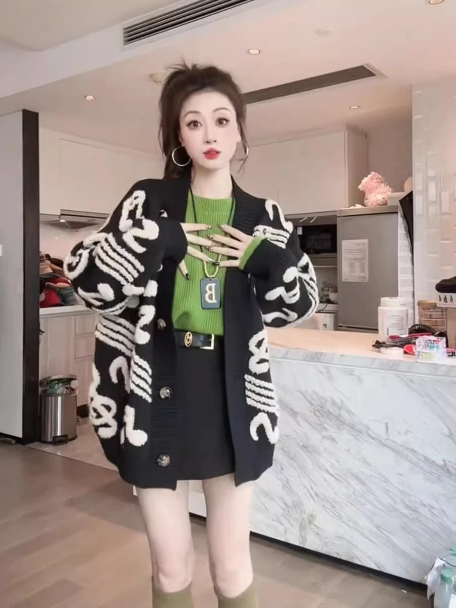 

Faionable Long Sve Cardigan Sweater Women's Lazy Sle Music Note Pattern Plu Design Autumn Season Casual Loose Fit