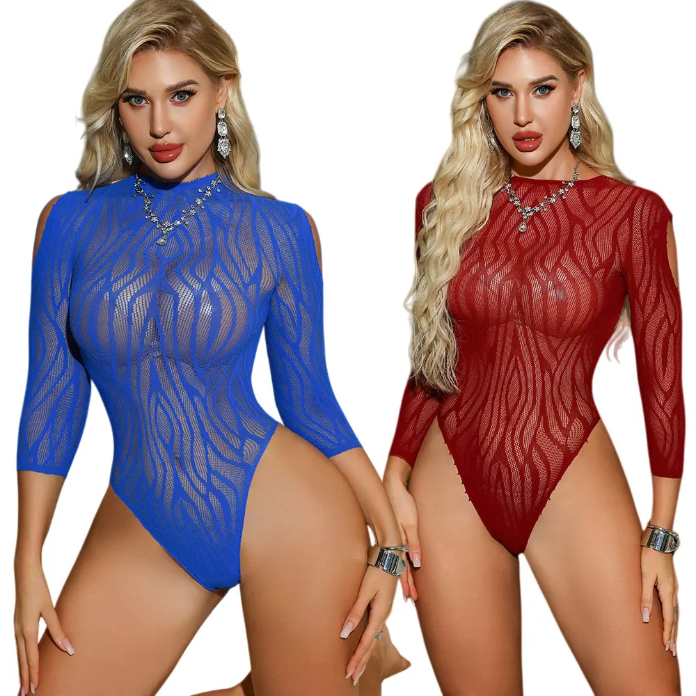 Women's Sexy Colored Fishnet Long-sleeve Bodysuit Sheer Hollow-out Wave Pattern High Neckline Cut-out Shoulder Body Stocking