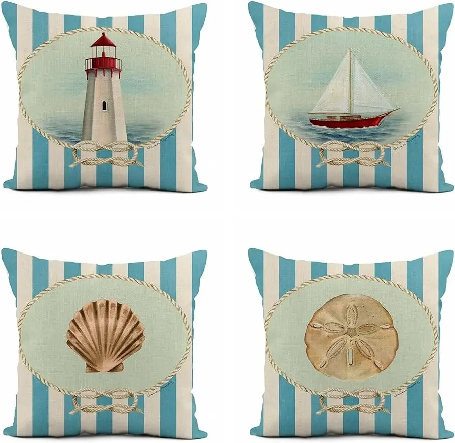 Linen throw pillowcase lighthouse sailing sea shell home décor pillowcase square cushion cover sofa cushion cover 45x45