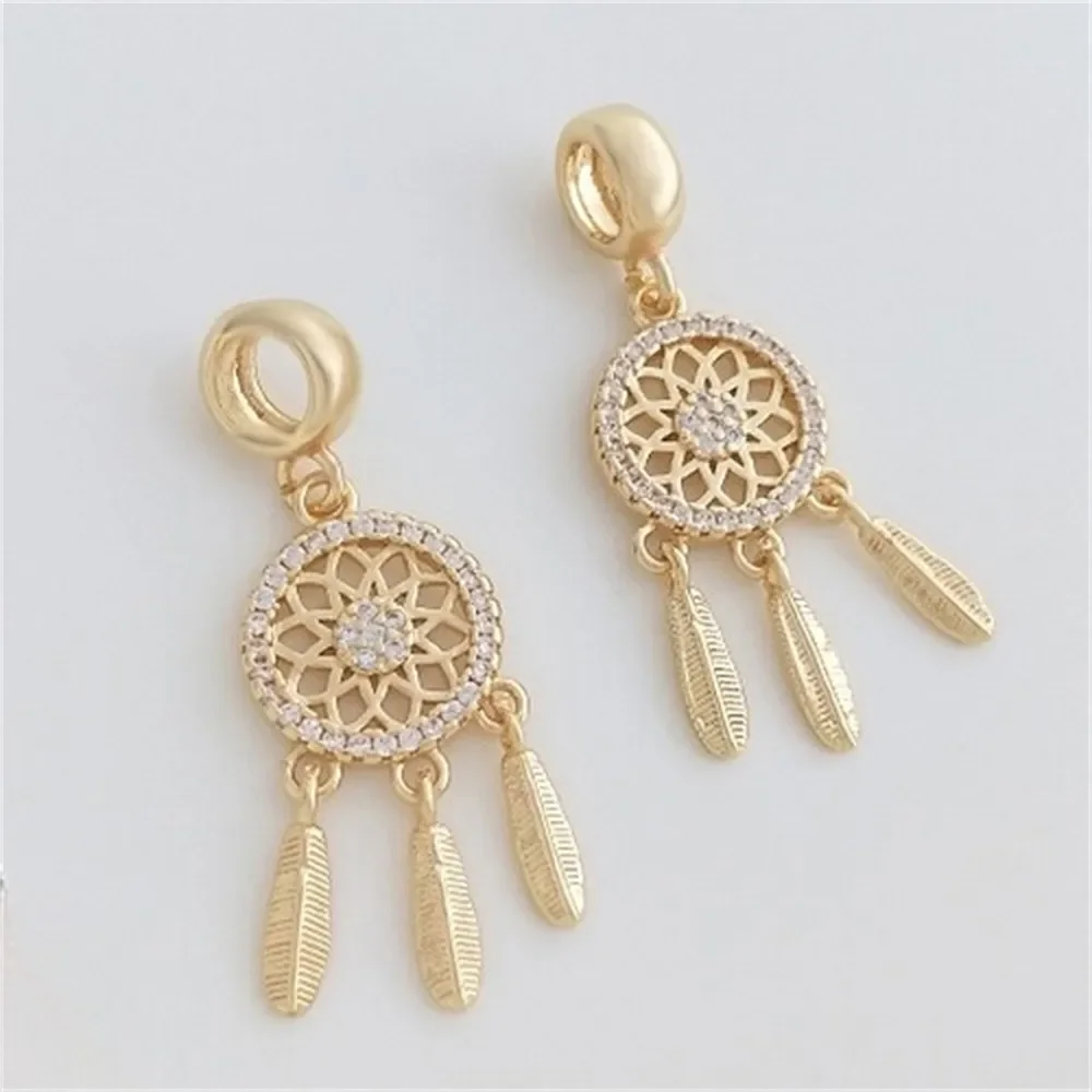 

14K Gold Package with Micro Inlaid Zircon Flower Net Three Hanging Feathers Large Hole Beads Necklace Jewelry DIY Charms Pendant