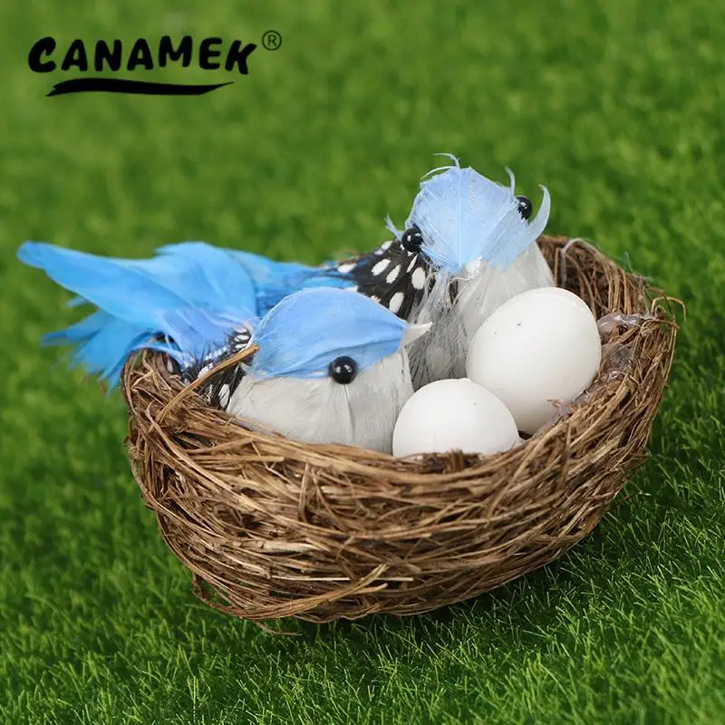 1 Set Artificial Feathered Birds & Nest & Egg Creative Craft Birds Sculpture Art Decoration Home Garden