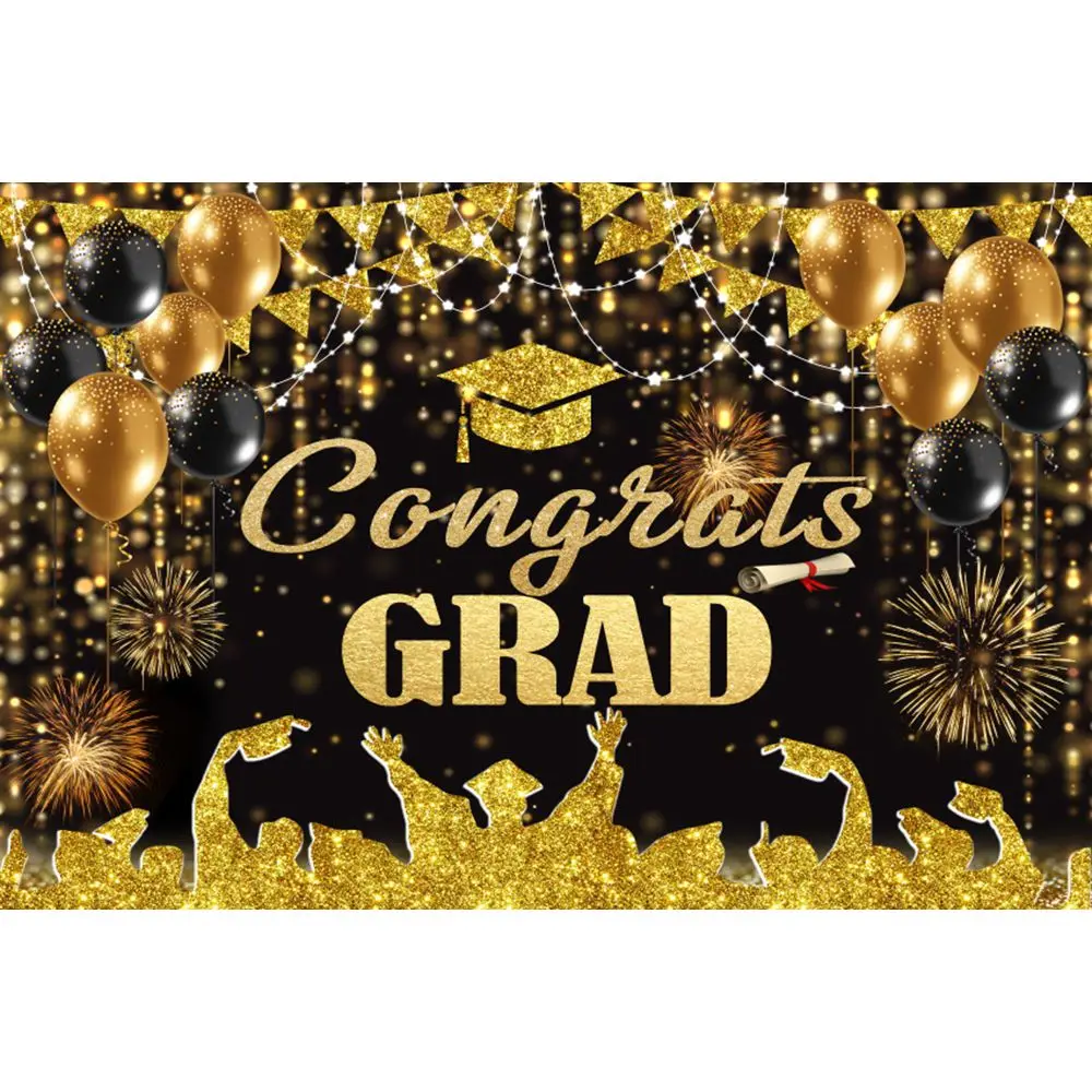 2025 Happy Graduation Backdrop Glitter Balloon Bachelor Cap Grad Class of Graduates Party Photography Background Decor
