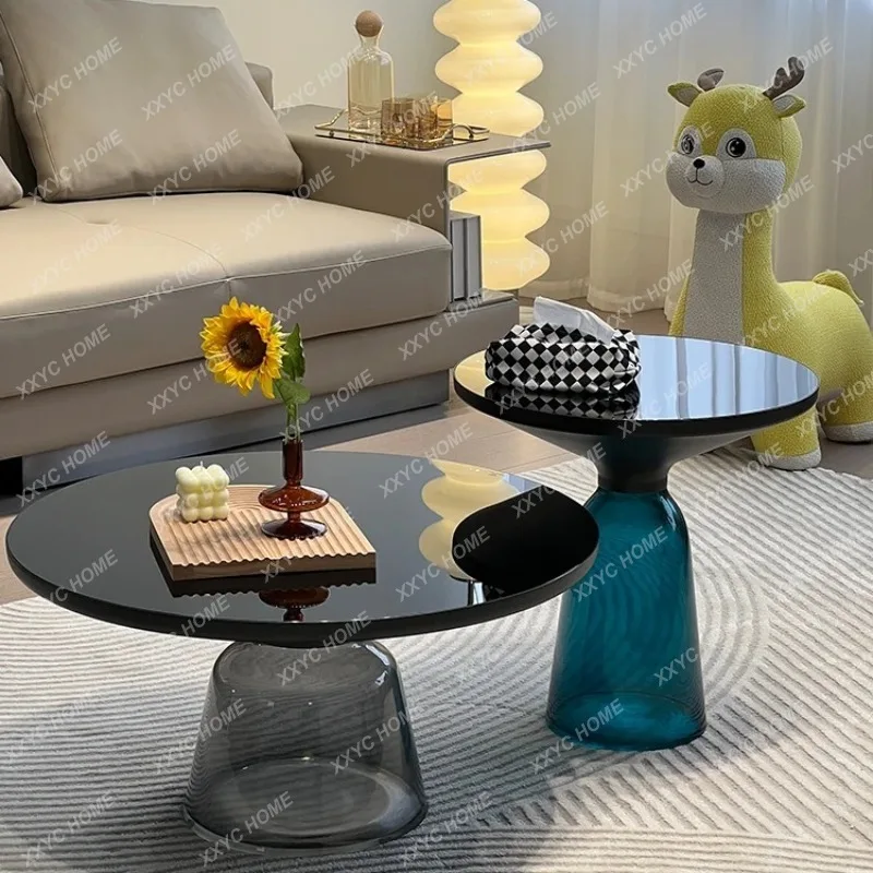 XX Luxury Glass Round Coffee Table - Gradient Color Glass Frame Sofa Table, High-Low Storage Coffee Table for Home Living Room