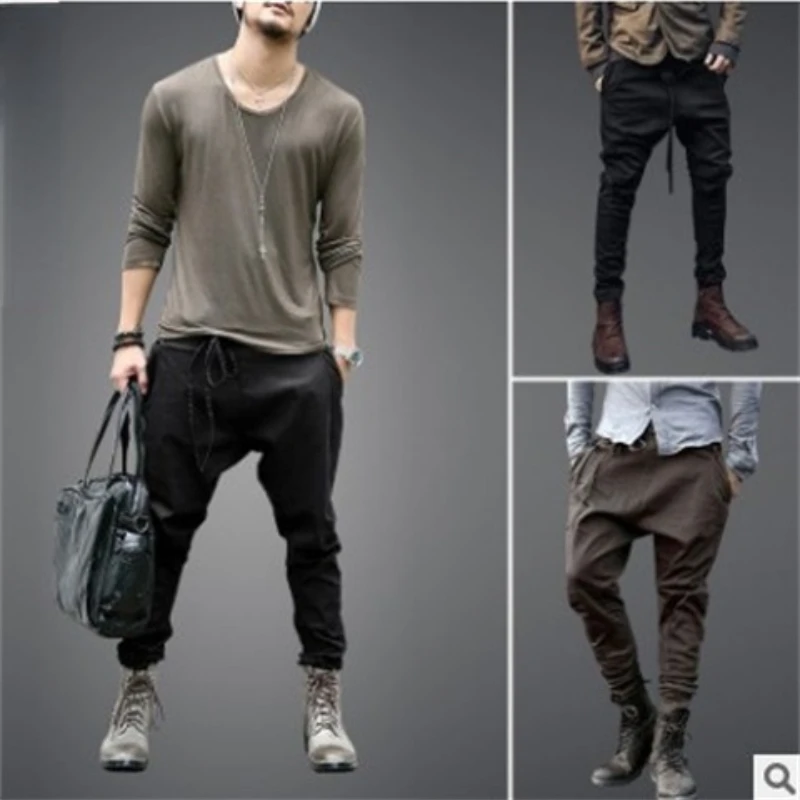 Men Pants Spring Summer Solid Color Loose Straight Pants Men Vintage Low Waist Pocket Pencil Pants Cross-Pants Calf-Length Pants