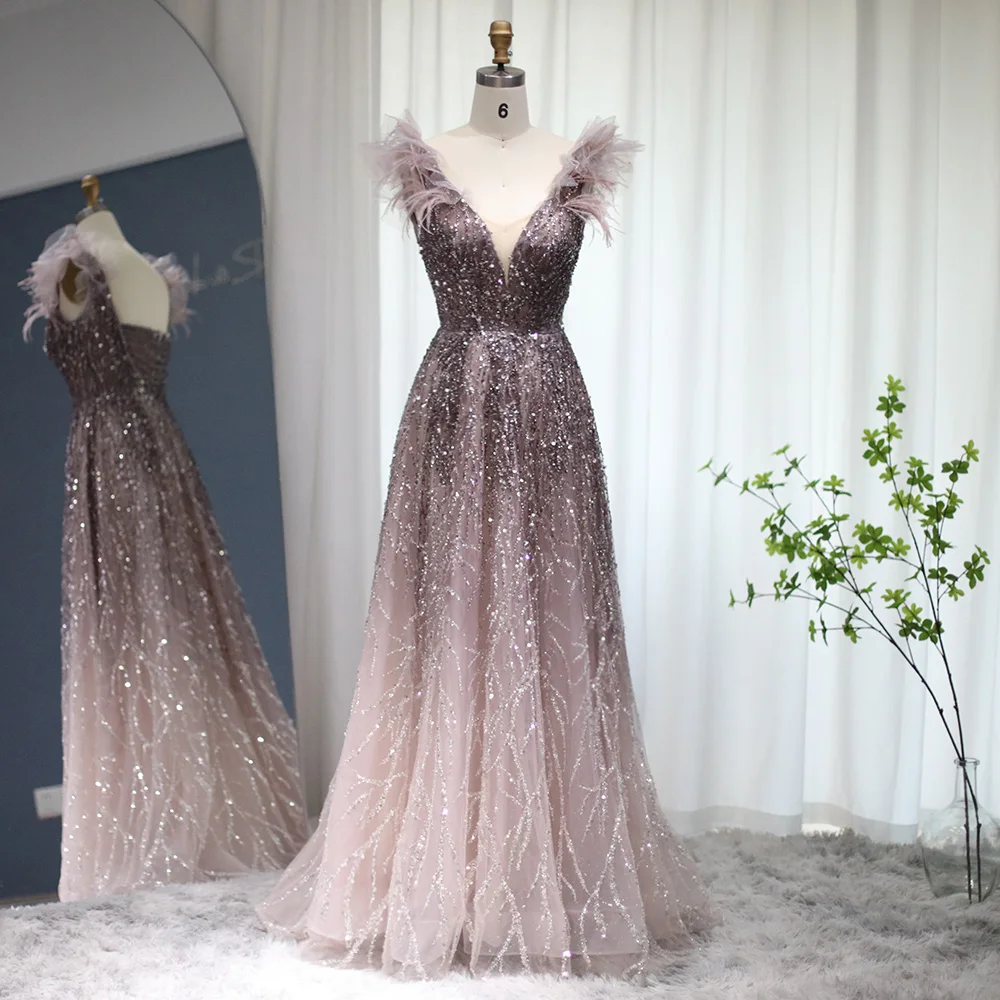 

Шарон Саид Роскошные коричневые вечерние платья с перьями Дубая 2025 с v-образным вырезом Вечернее платье в арабском стиле для выпускного вечера для свадебной вечеринки SS335 по индивидуальному заказу