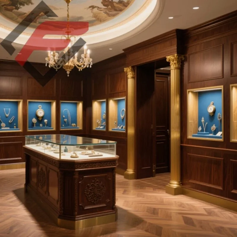 custom.Luxury Polished Fine Jewelry Display Furniture LED-Lit Glass Jewelry Kiosks Retail Metal Display