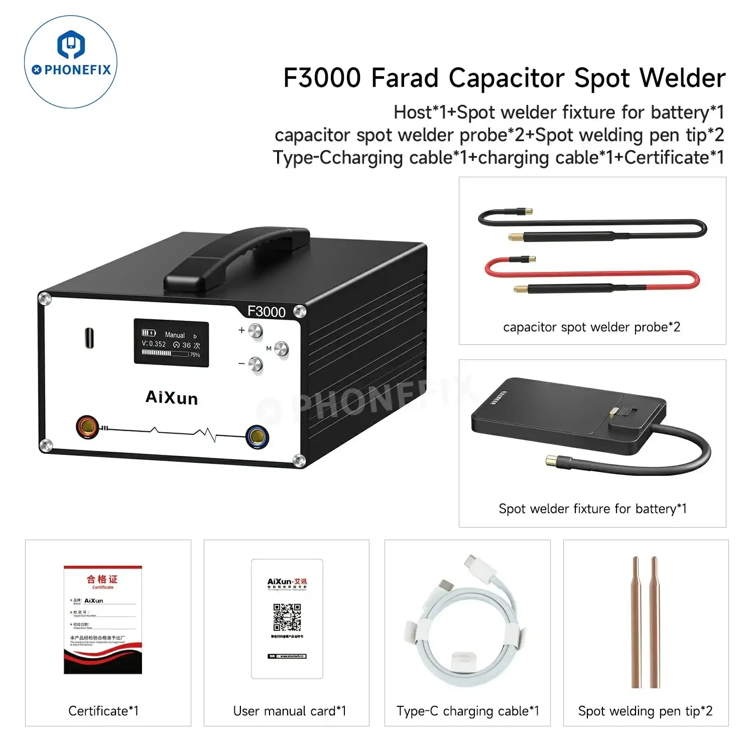 

Aixun F3000 Portable Farad Capacitor Spot Welder 9V 3.0A Double Pulse Solder Nickel Plated Welding Machine with Welding Pen