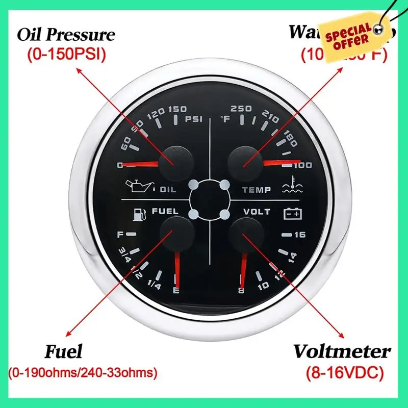 

-A14E 85Mm 4-In-1 Multifunction Gauge With 0-190Ohms/240-33Ohms Fuel Level Gauge Water Temp Oil Press Voltmeter