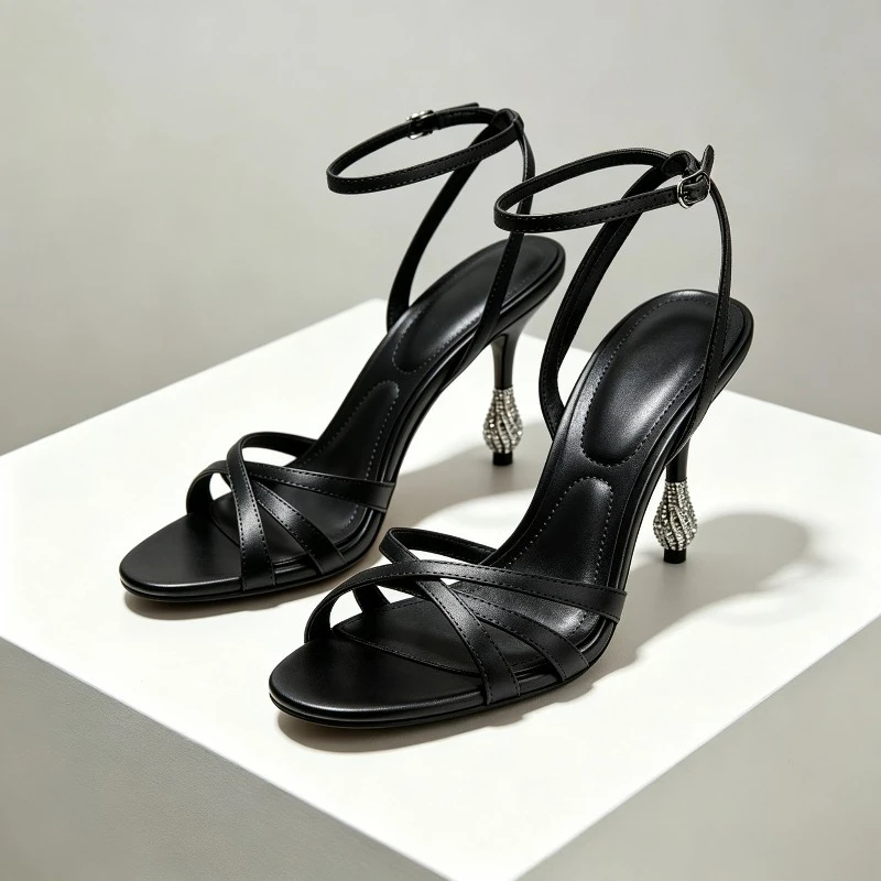 Satin Thin Crossover Straps Heeled Sandals Women Ankle Strap with Buckle Rhinestone Detail Summer Round Toe Banquet Dress Shoes