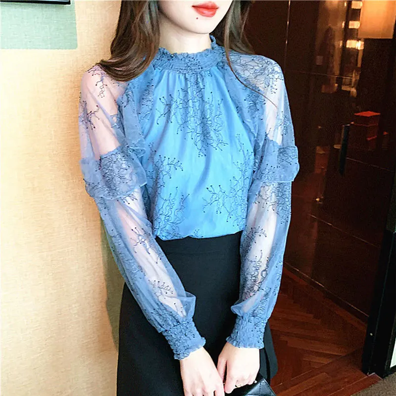 Female Clothing Sweet Ruffles Spliced Blouse Spring Autumn Half High Collar Stylish Shirring Printed Commute Long Sleeve Shirt