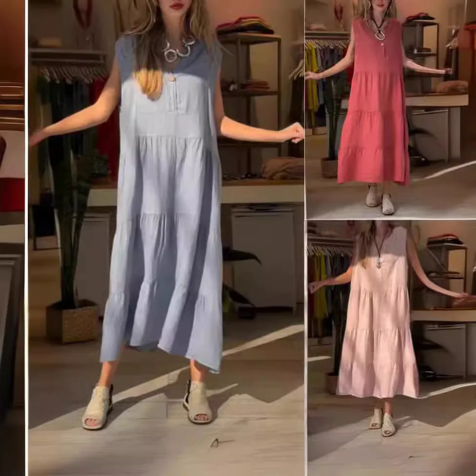 Dresses Women Solid Loose V Neck Sleeveless Long Dress Button A Line Casual Vestidos Elegant Lady Simple Slight Strech Summer