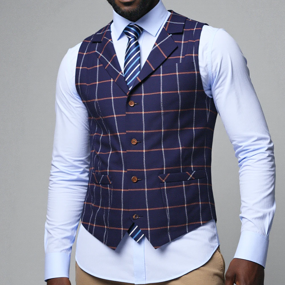 

Mens Business Vest Boutique Slim Fit Single-breasted Cotton Suit Wool Plaid Navy Waistcoat For Wedding Formal Vest Groomsmen