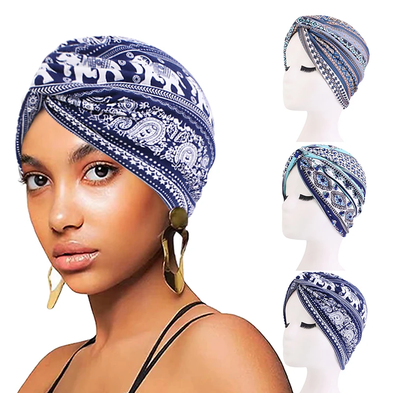 Women Muslim Inner Hijab Cap Folding Stretch Floral Print Twisted turban Head Wrap Bandanas Cancer Chemo Cap Hair Accessories