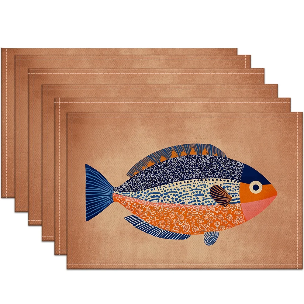 Striped Multicolor Fish Printed Placemats Nordic Folk Table Decor Yellow Stripe Tray Display Casual Seafood Home Decor