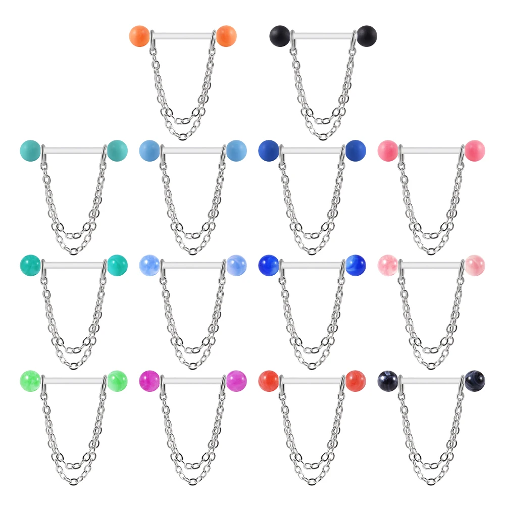 2Pcs/Set Acrylic Colorful Ball Link Pierced Nipple Breast Rings Nail Barbell Chain Pendant Body Piercings Jewelry 14G