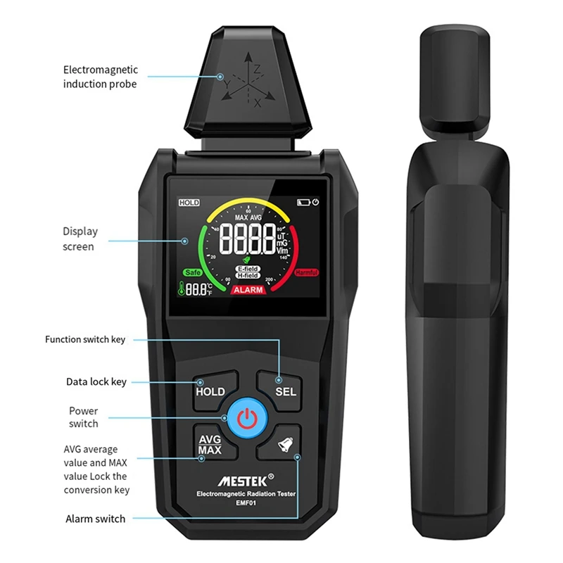 MESTEK-Détecteur de rayonnement électromagnétique portable, testeur de température et d'humidité domestique, affichage de documents numériques, durable