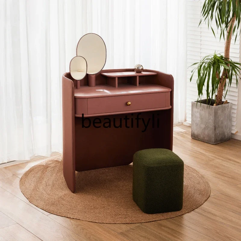 Nordic Light Luxury Makeup Table, Stowable Bedside Dressing Table, Small Leather Dressing Cabinet with Mirror for Bedroom
