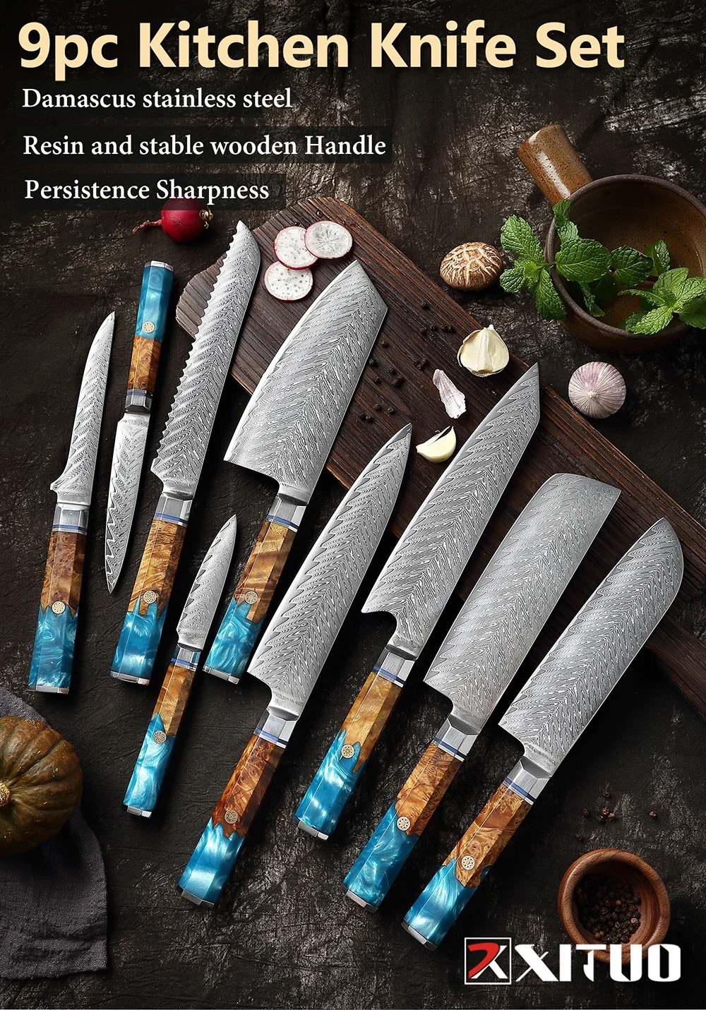 

XITUO Damascus Steel Knife Set 1-9PCS Japanese Chef Knife, Santoku, Bread, Utility & Boning Knives-Ultra Sharp, Octagonal Handle