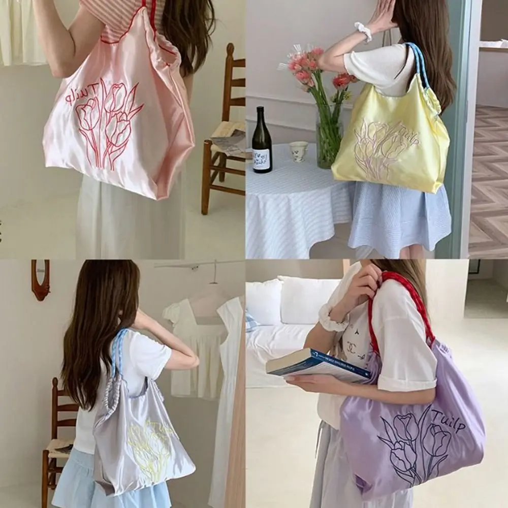 Commute Silk Satin Shoulder Bag Drawstring Handbag Tulip Embroidery Bag Large Capacity Shopping Bag Gentle Tote Bag Travel