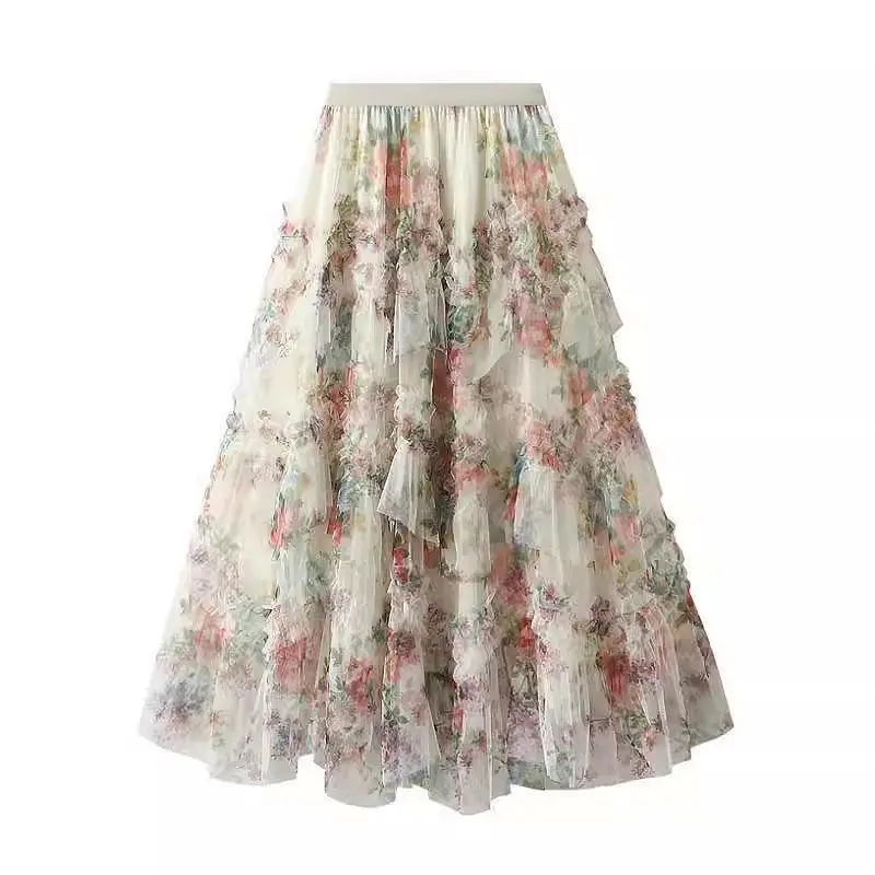 plus Size Irregular Splicing Floral Lace Skirt Women's Mid-Length Cake Fairy Skirt High Waist Polyester Fiber Korean Style