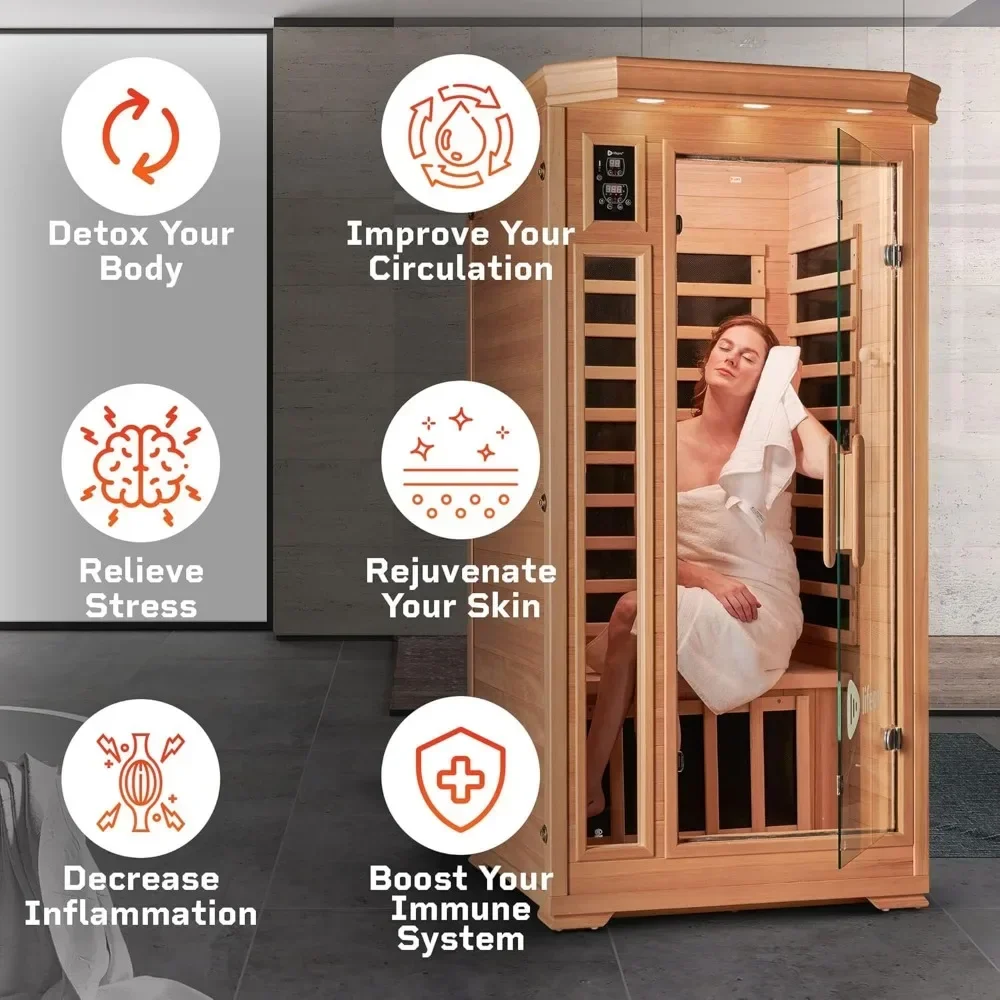 1 Person Far Infrared Sauna for Home - Home Sauna, Tempered Glass Door, Oxygen Ionizer,Outdoor Hot Tubs Hemlock Wood Dry Sauna