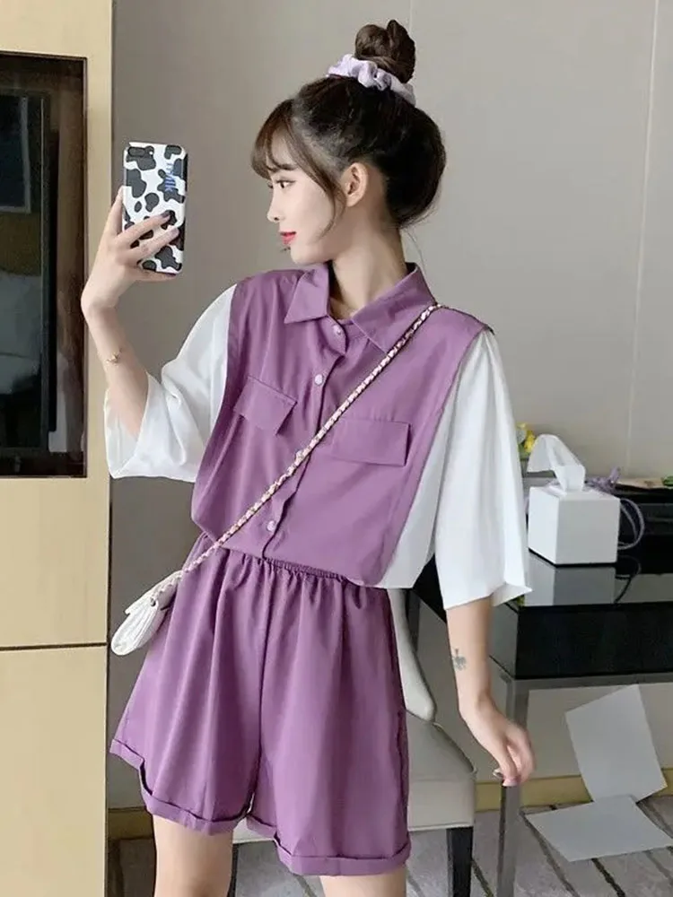 2026 Women's Summer Two Piece Outfit Color Block Short Sleeve Polo Shirt Wide Leg Loose Shorts Casual Set
