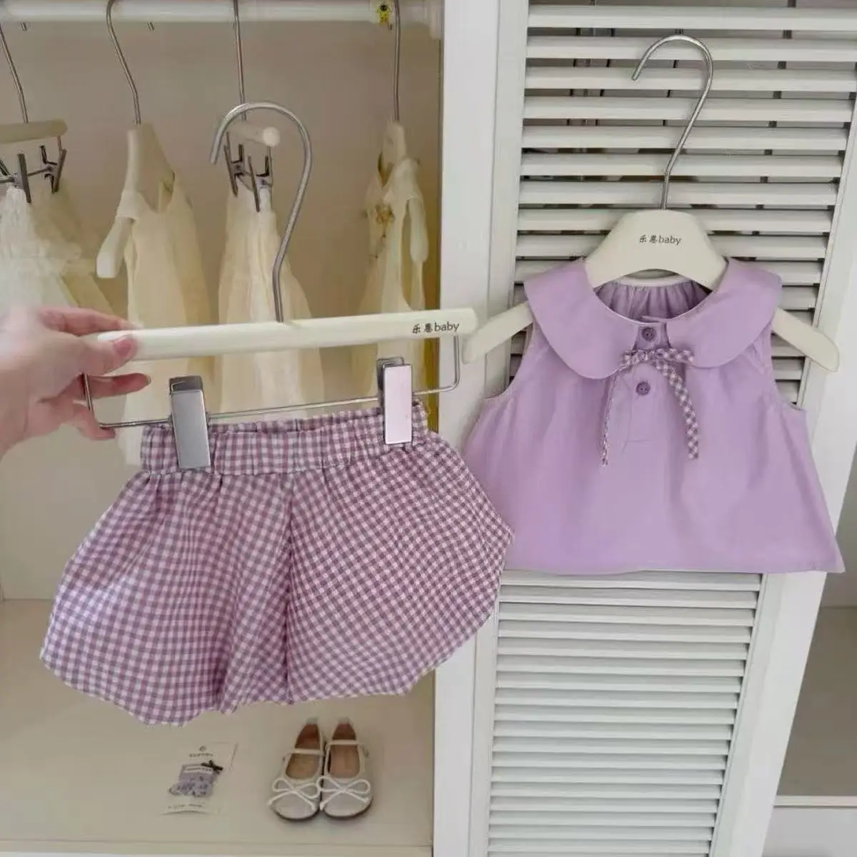 

Original Design Girls Summer 2Pcs Outfit Purple Peter Pan Collar Sleeveless Top + Plaid Bud Shorts Set for 80-130cm