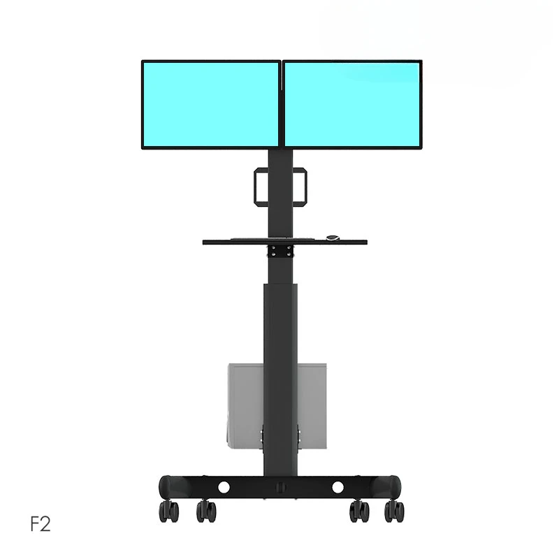 Ground mounted dual screen display bracket, mobile wheeled cart, standing office trolley, computer keyboard and mouse holder