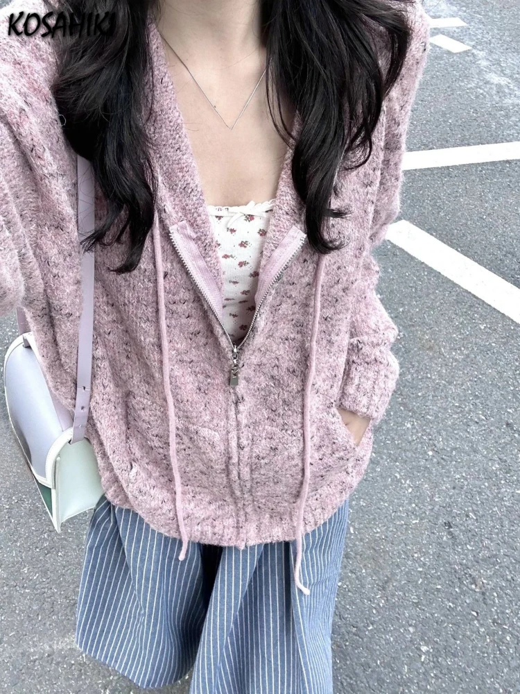 

Harajuku Sweet Patchwork Hooded Sweater Cardigan Y2k Aesthetic Women Casual Zipper Loose Pull Femme Autumn Grunge Pocket Tops