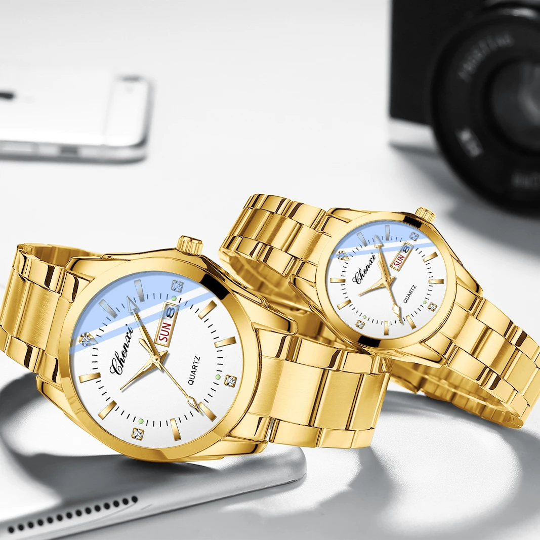 CHENXI 남녀 커플 시계 세트, 스테인레스 스틸 쿼츠, 달력 주간 손목시계, 커플 선물, 오리지널 브랜드