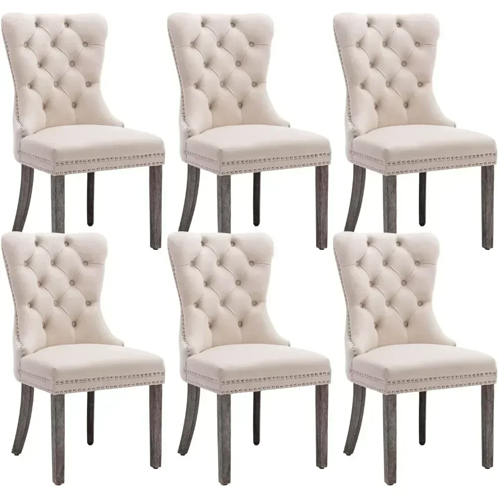 Velvet dining chair 6-piece set, tufted dining chair with nail head ring pull edge, solid wood leg cushion (beige)