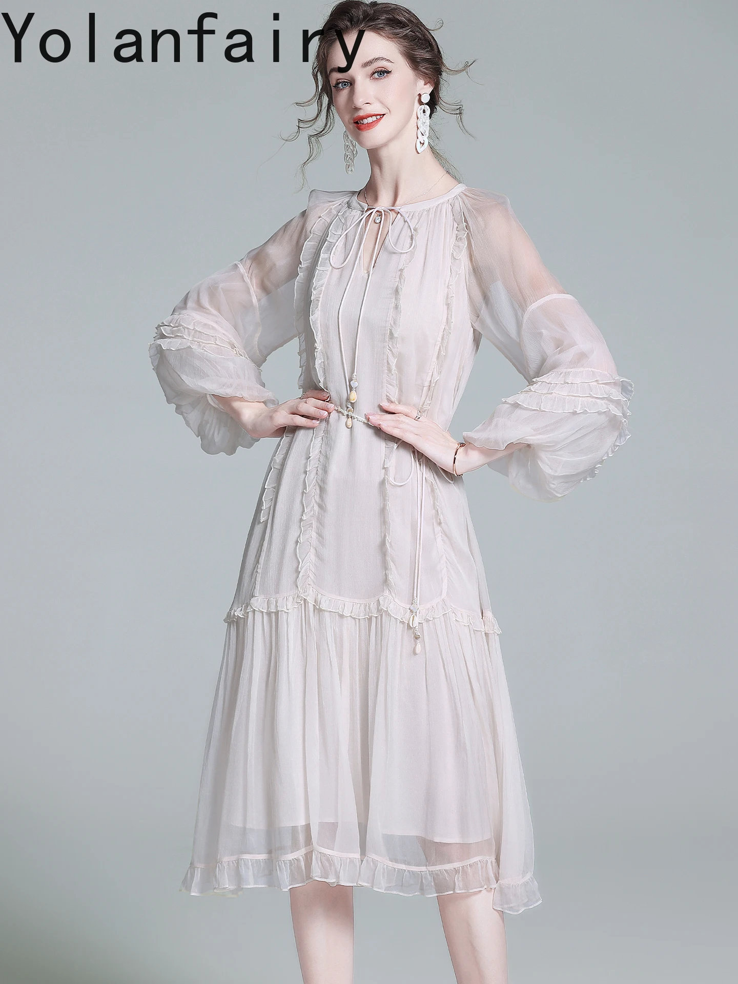 YOLANFAIRY الراقية 100% فساتين حرير التوت الطبيعي للمرأة الخريف أنيقة شيك فستان طويل ملابس النساء فساتين عطلة