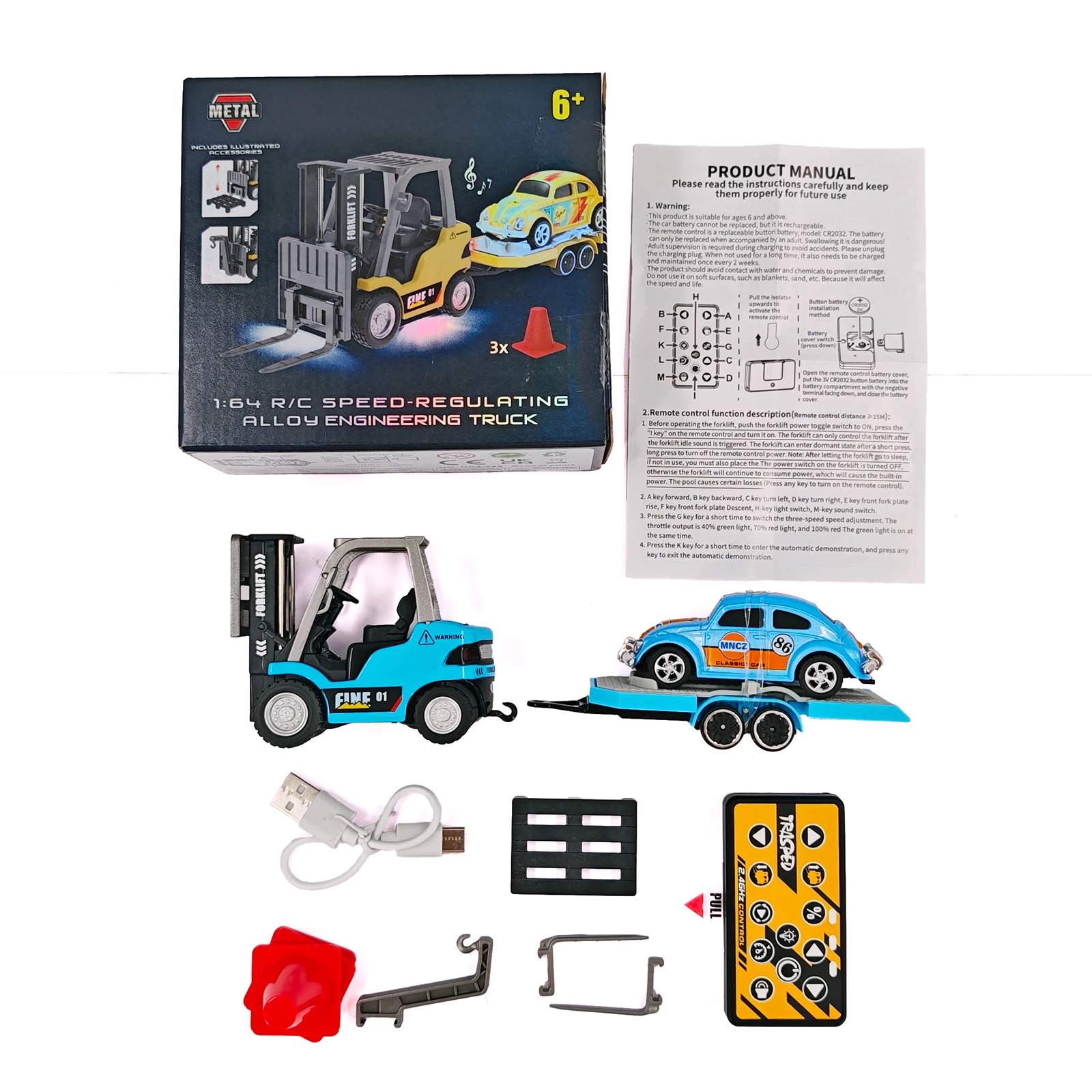 1/64 RC vorkheftruck 2-modus mini-afstandsbediening vorkheftruck 2-in-1 transformeerbare liftvork en haak met licht en geluid voor kinderen