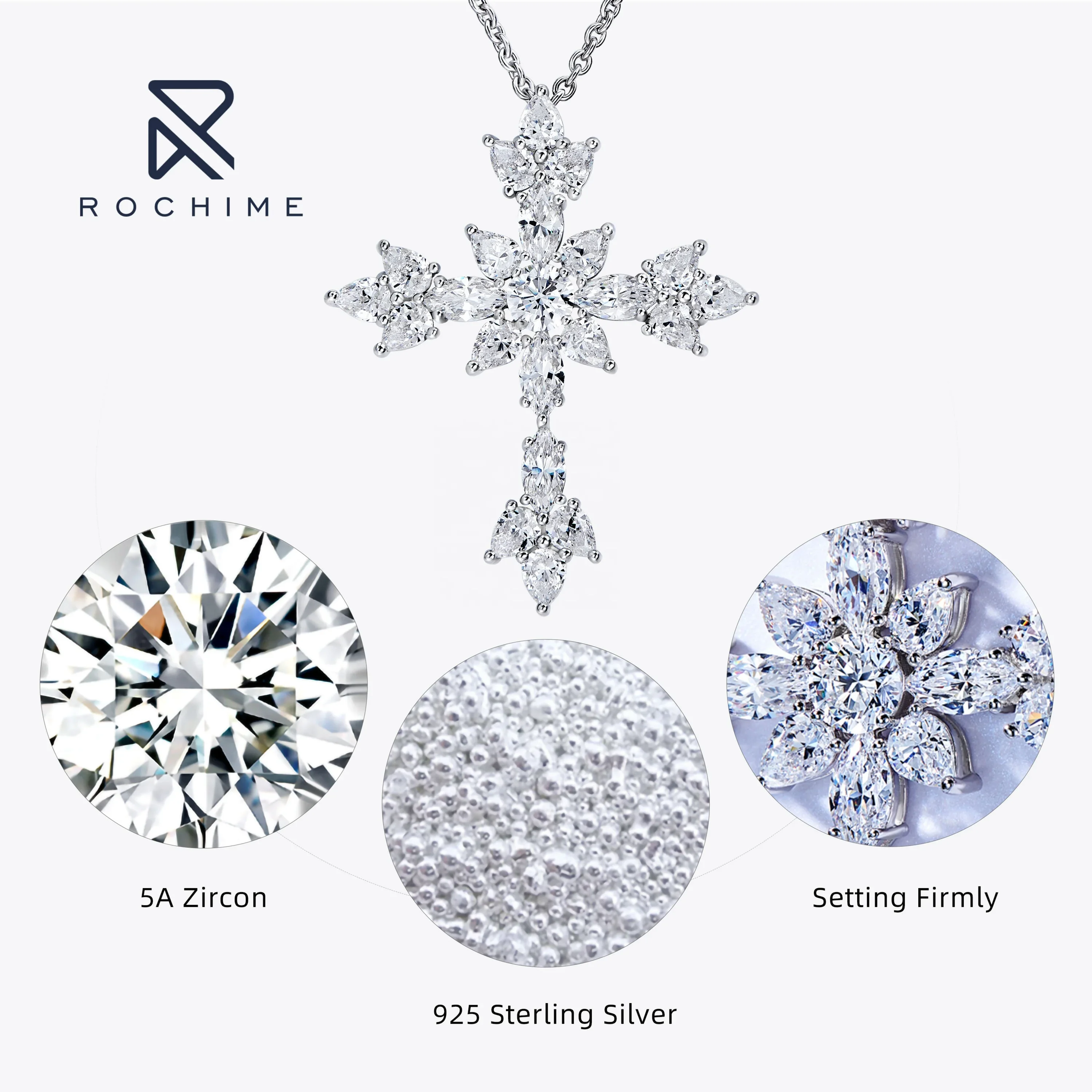 Rochime Luxus Fancy Cut Kreuz Diamant Anhänger Halskette 925 Sterling Silber Benutzerdefinierte Zirkon Edlen Schmuck Für Frauen