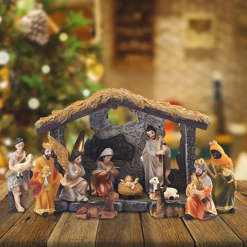 12pcs Set Christmas Manger Nativity Set Real Life Nativity Jesus Manger Christmas Crib Ornament Holy Family Crafts Statue Decor